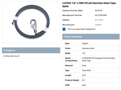 LUFKIN OS1293F590N 50'ft Replacement Tape for S1293F590 AtlasClad® FREESHIP
