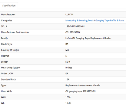 LUFKIN OS1293F590N 50'ft Replacement Tape for S1293F590 AtlasClad® FREESHIP