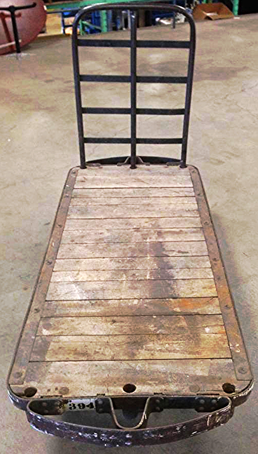 UNIQUE VINTAGE 7 FOOT LONG INDUSTRIAL STEAMPUNK OLD OAK WOOD CART METAL WHEELS