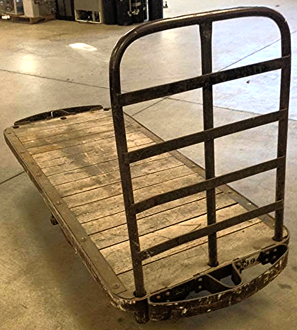 UNIQUE VINTAGE 7 FOOT LONG INDUSTRIAL STEAMPUNK OLD OAK WOOD CART METAL WHEELS