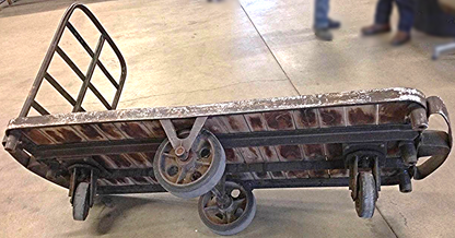 UNIQUE VINTAGE 7 FOOT LONG INDUSTRIAL STEAMPUNK OLD OAK WOOD CART METAL WHEELS