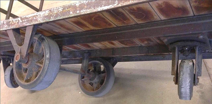 UNIQUE VINTAGE 7 FOOT LONG INDUSTRIAL STEAMPUNK OLD OAK WOOD CART METAL WHEELS