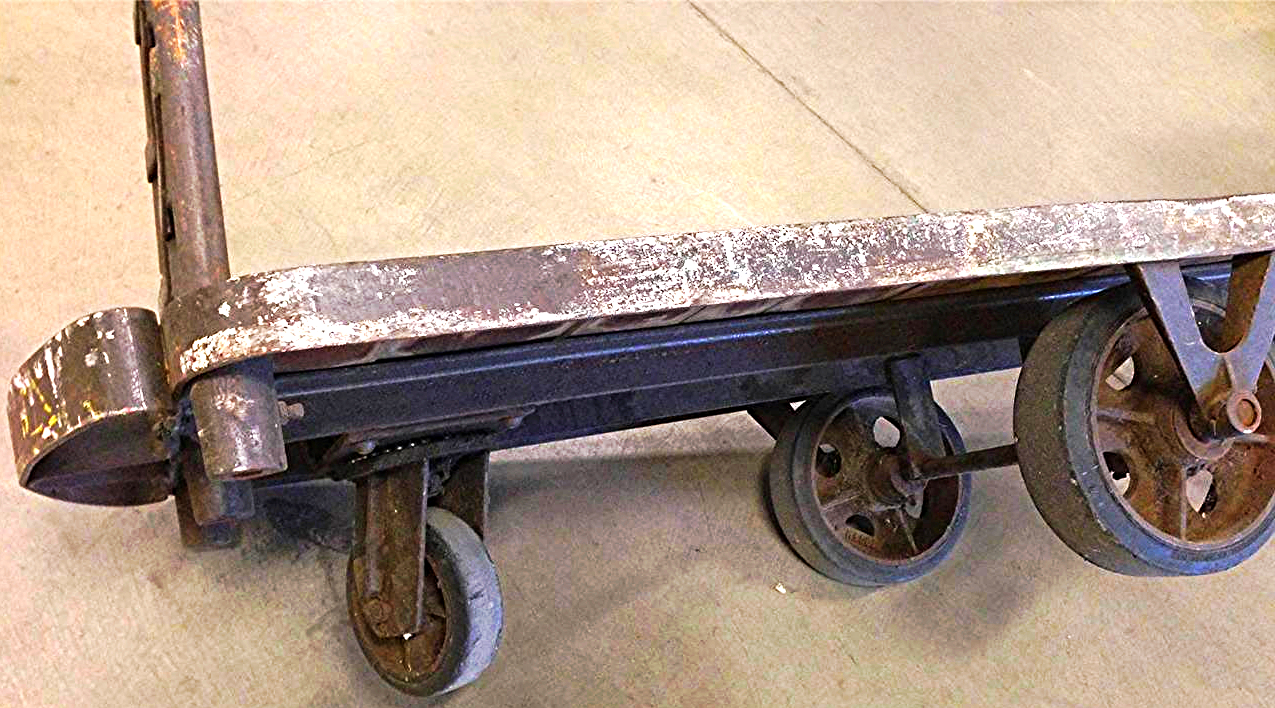 UNIQUE VINTAGE 7 FOOT LONG INDUSTRIAL STEAMPUNK OLD OAK WOOD CART METAL WHEELS