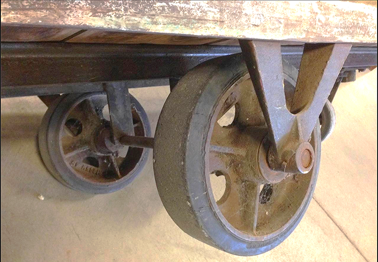 UNIQUE VINTAGE 7 FOOT LONG INDUSTRIAL STEAMPUNK OLD OAK WOOD CART METAL WHEELS