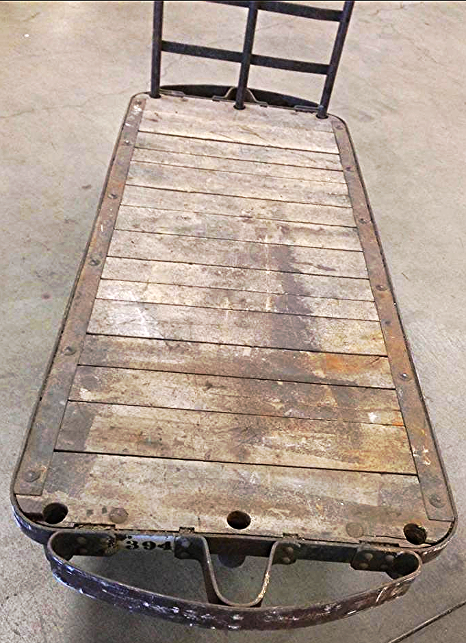 UNIQUE VINTAGE 7 FOOT LONG INDUSTRIAL STEAMPUNK OLD OAK WOOD CART METAL WHEELS