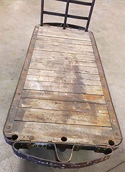 UNIQUE VINTAGE 7 FOOT LONG INDUSTRIAL STEAMPUNK OLD OAK WOOD CART METAL WHEELS