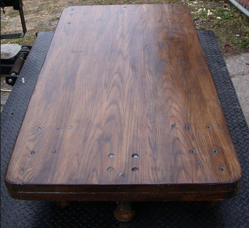 RARE COLSON INDUSTRIAL DESIGN OAK CART COFFEE TABLE 66x32x11 FOUR PHENOLIC WHEEL