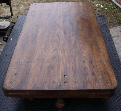 RARE COLSON INDUSTRIAL DESIGN OAK CART COFFEE TABLE 66x32x11 FOUR PHENOLIC WHEEL