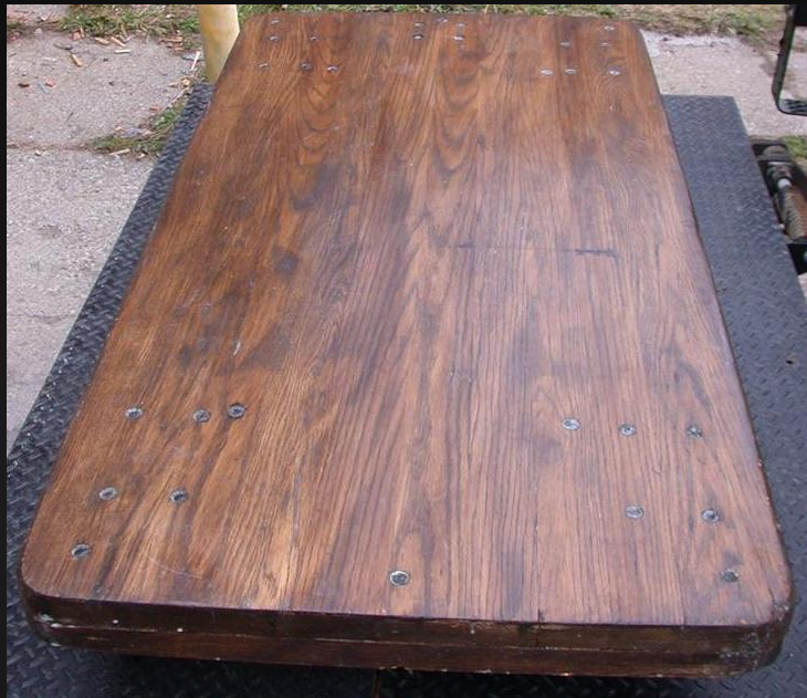 RARE COLSON INDUSTRIAL DESIGN OAK CART COFFEE TABLE 66x32x11 FOUR PHENOLIC WHEEL