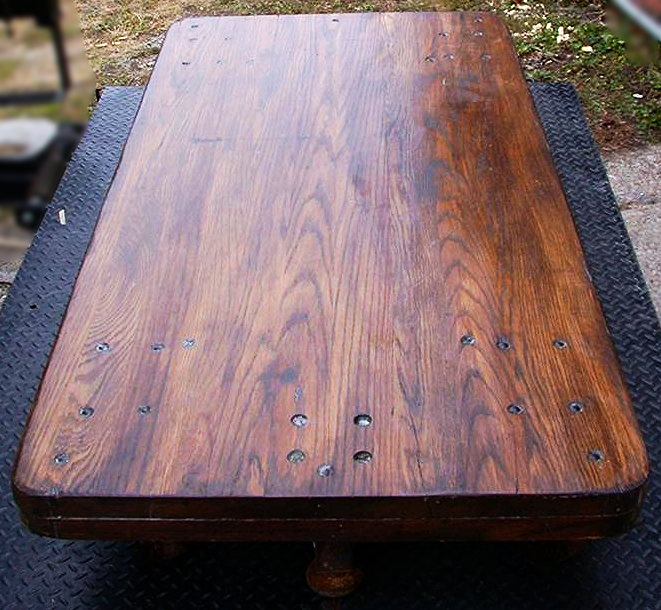 RARE COLSON INDUSTRIAL DESIGN OAK CART COFFEE TABLE 66x32x11 FOUR PHENOLIC WHEEL