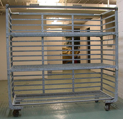 RARE INDUSTRIAL VINTAGE GALVANIZED STEAMPUNK BAKER RACK CART 3 SHELVES on Wheels