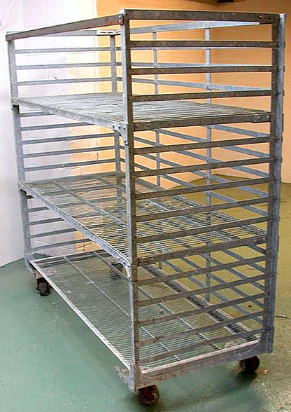 RARE INDUSTRIAL VINTAGE GALVANIZED STEAMPUNK BAKER RACK CART 3 SHELVES on Wheels