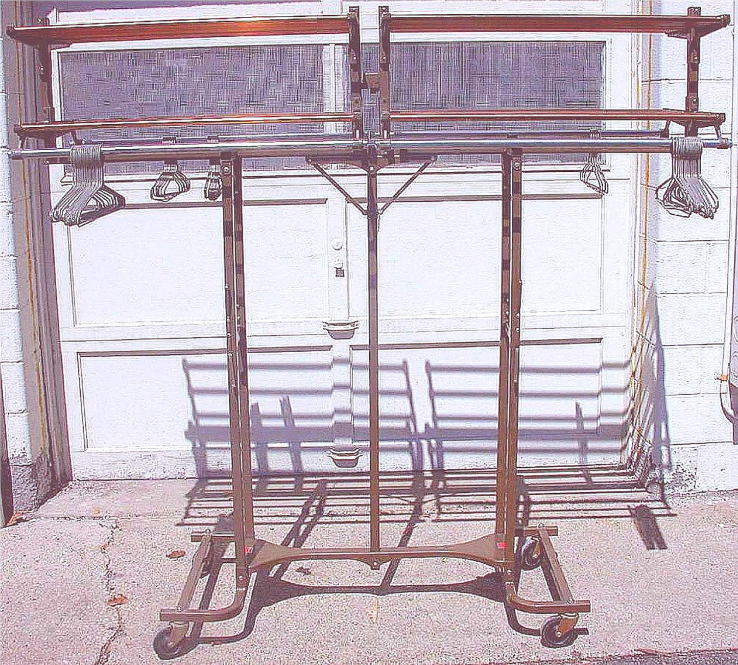 RARE FOLDING COLLAPSIBLE VEEP CLOTHES HANGER WHEELS 2 SHELVES HAT UMBRELLA COAT