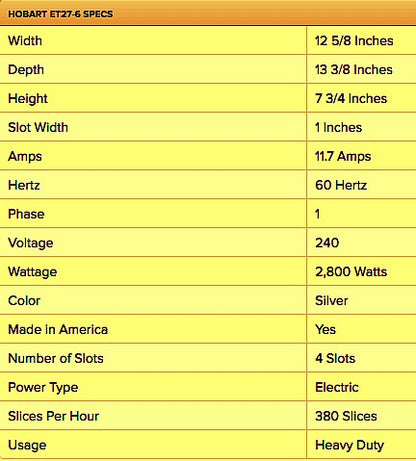 HOBART ET-27 - 4 SLOTS COMMERCIAL POP UP TOASTER 240 VOLTS FREE SHIPPING