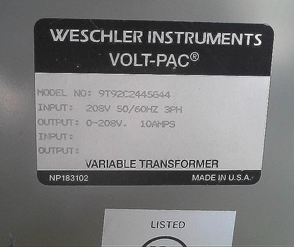 WESCHLER INSTRUMENTS VOLT-PAC 9T92C2445G44 VARIABLE TRANSFORMER NP183102