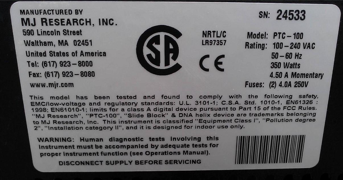 PTC-100 PELTIER PROGRAMMABLE THERMAL CONTROLLER CYCLER 96-WELL & HOT BONNET LID