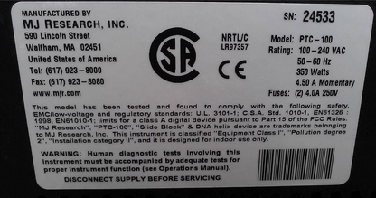 PTC-100 PELTIER PROGRAMMABLE THERMAL CONTROLLER CYCLER 96-WELL & HOT BONNET LID