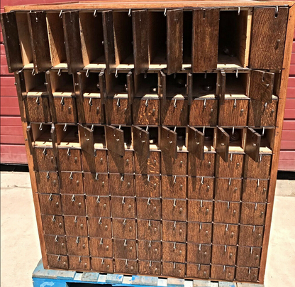 RARE 1950s VINTAGE 88 CUBICLE MAILBOX CABINET 53Hx 45Wx36D OAK Wine FREE SHIP