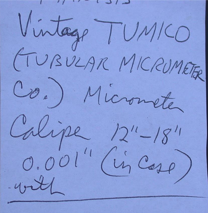 TUBULAR MICROMETER CO. CALIPER & WOOD CASE 12" - 18" 0.0001" TUMICO SPINDLE ROD