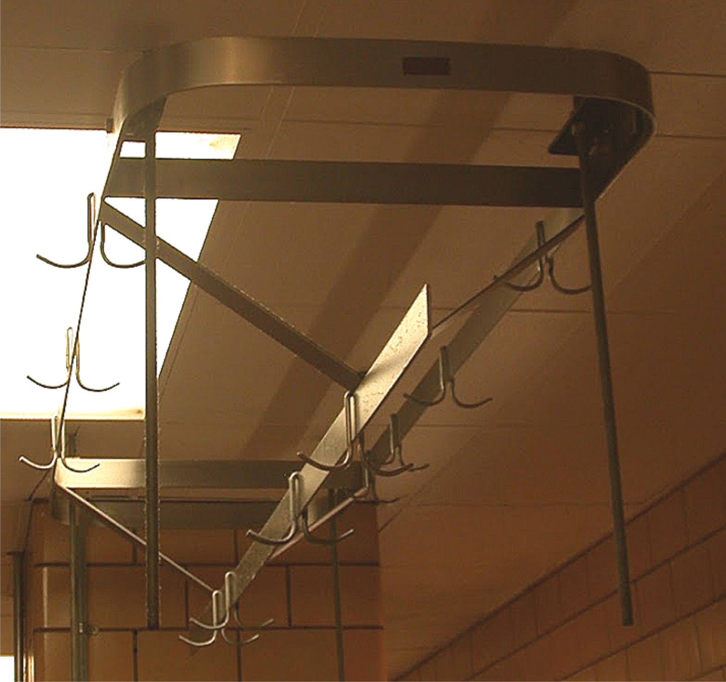 RARE VINTAGE 10FT LONG STAINL STEEL KITCHEN POT HOLDER RACK BRASS HOOKS FREESHIP