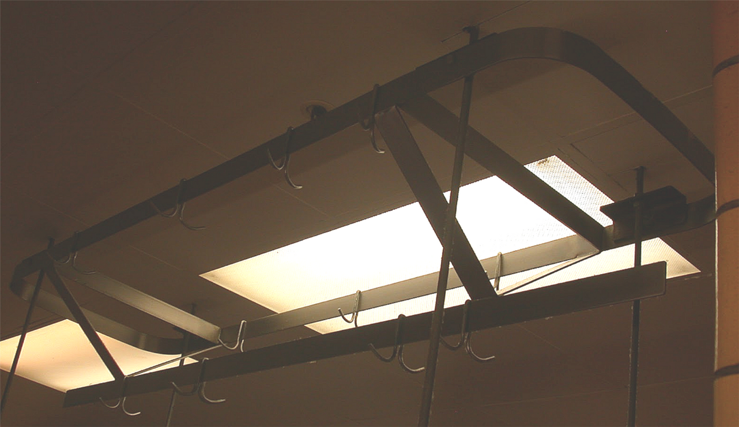 RARE VINTAGE 10FT WIDE STAINL STEEL KITCHEN POT HOLDER RACK BRASS HOOKS FREESHIP