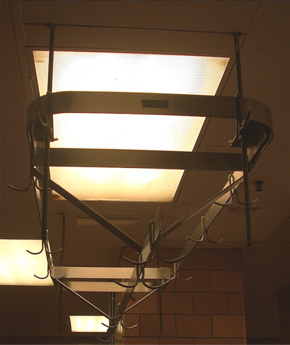 RARE VINTAGE 10FT LONG STAINL STEEL KITCHEN POT HOLDER RACK BRASS HOOKS FREESHIP