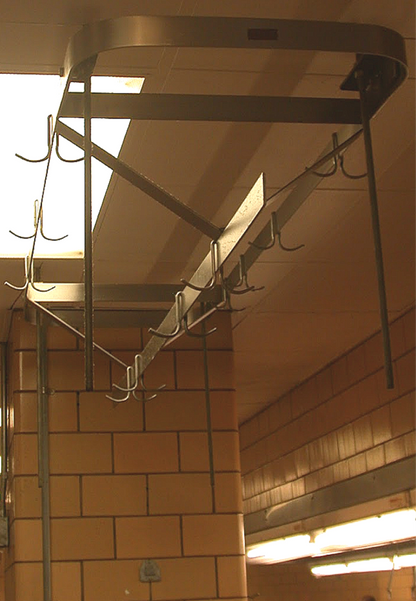 RARE VINTAGE 10FT WIDE STAINL STEEL KITCHEN POT HOLDER RACK BRASS HOOKS FREESHIP