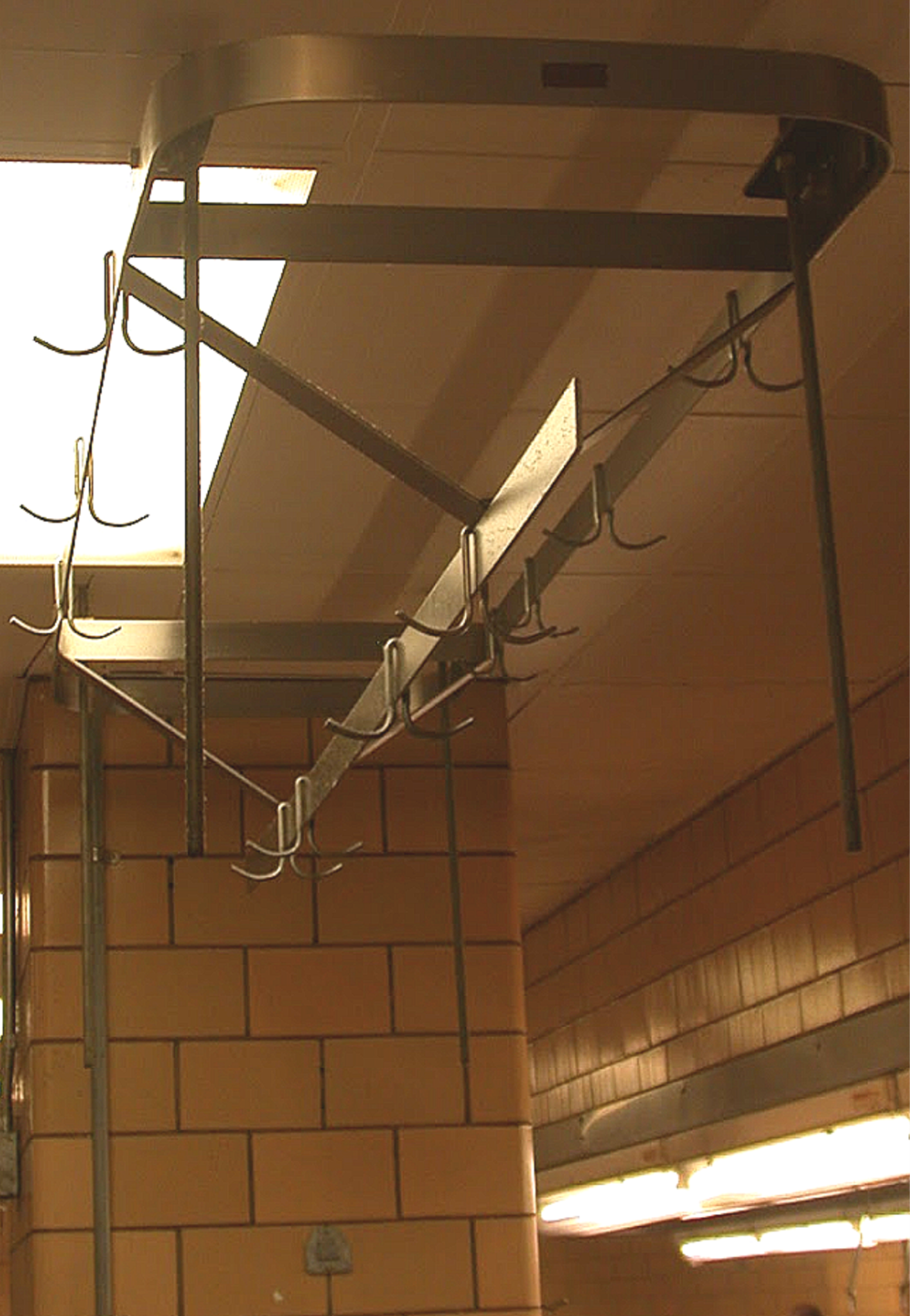 RARE VINTAGE 10FT LONG STAINL STEEL KITCHEN POT HOLDER RACK BRASS HOOKS FREESHIP