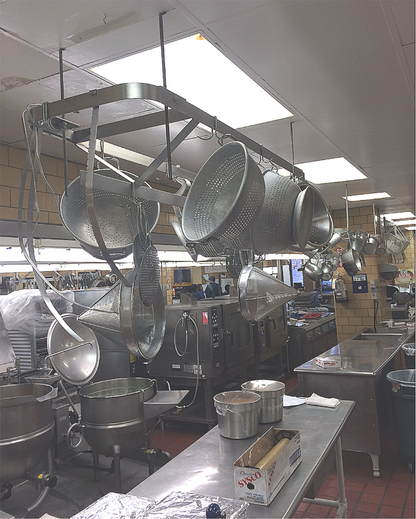 RARE VINTAGE 10FT WIDE STAINL STEEL KITCHEN POT HOLDER RACK BRASS HOOKS FREESHIP