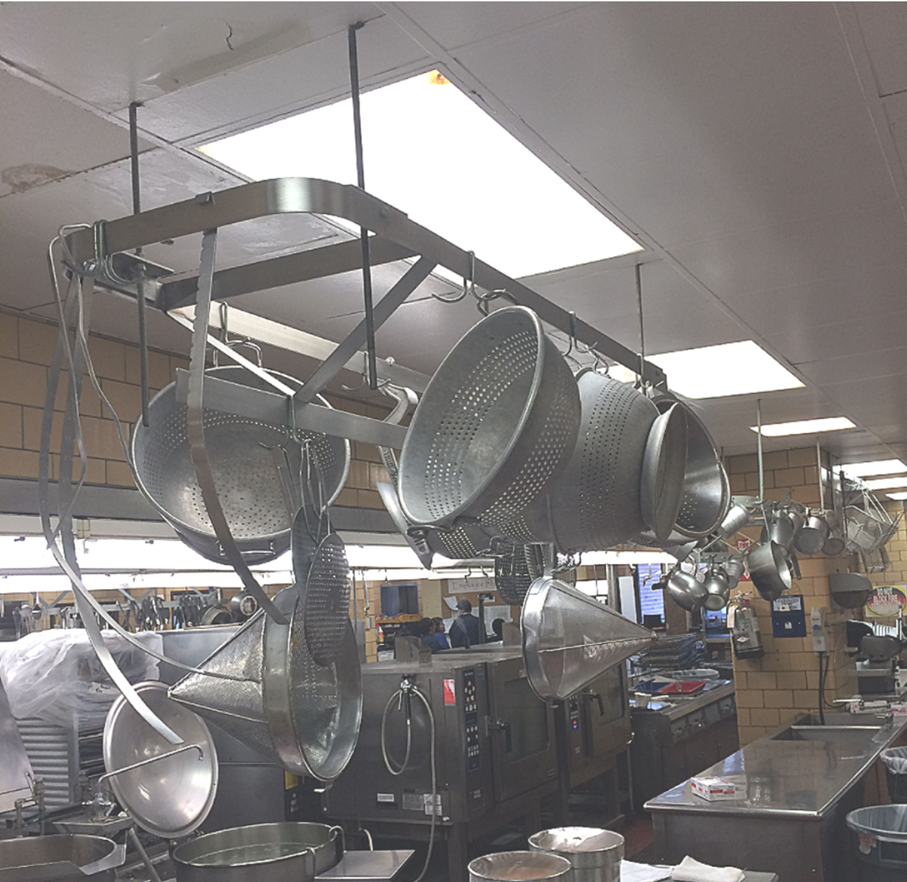 RARE VINTAGE 10FT WIDE STAINL STEEL KITCHEN POT HOLDER RACK BRASS HOOKS FREESHIP