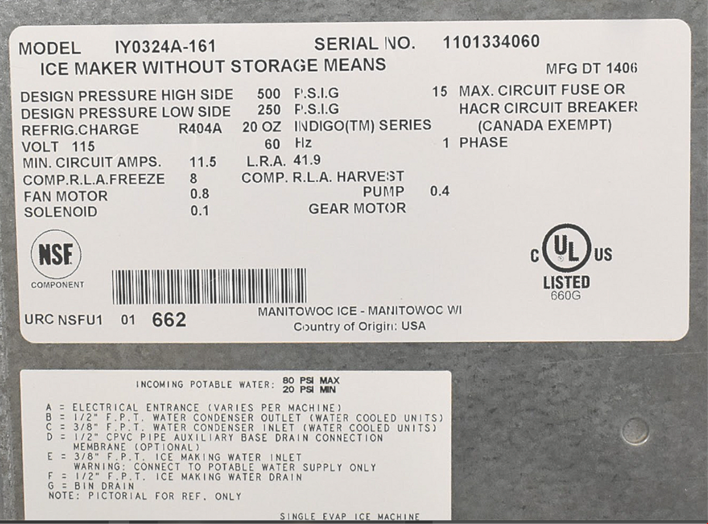 MANITOWOC IY0324A-161 350lbs/Day HALF DICE AIR COOLED INDIGO ICE MAKER FREE SHIP