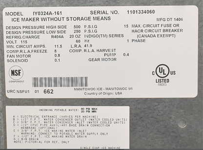 MANITOWOC IY0324A-161 350lbs/Day HALF DICE AIR COOLED INDIGO ICE MAKER FREE SHIP