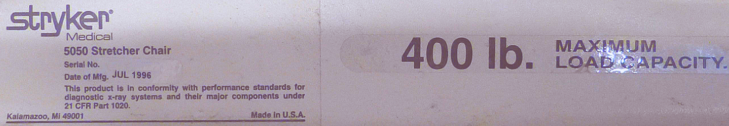 STRYKER 5050 CHAIR STRETCHER HOSPITAL EMERGENCY TRANSPORT WARRANTY FREE SHIPPING