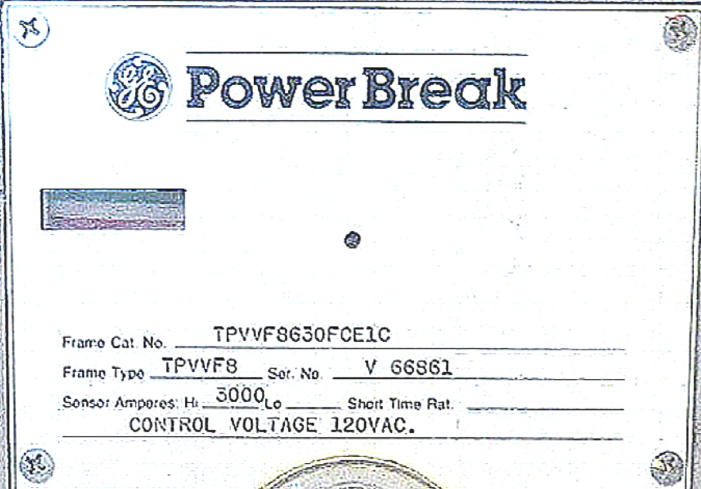 GE POWER BREAK 3000 AMP CIRCUIT FRAME CATEGORY Number: TPVVF8630FCEIC FREE SHIP