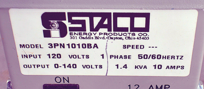STACO 3PN1010BA VARIABLE TRANSFORMER 10A ANALOG DISPLAY 90DAY-WARRANTY FREE SHIP