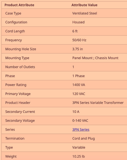 STACO 3PN1010BA VARIABLE TRANSFORMER 10A ANALOG DISPLAY 90DAY-WARRANTY FREE SHIP