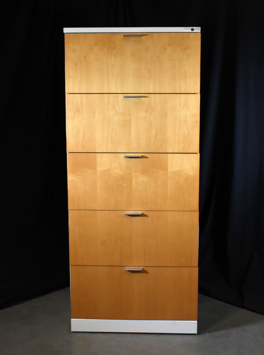 HERMAN MILLER VENEER WOOD 5 DRAWER LATERAL FILE CABINET LOCKABLE KEY & BOOKSHELF