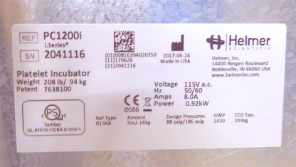 BRANDNEW HELMER PLATELET INCUBATOR PC1200i 20° to 35°C 90DAYWARRANTY WATCH-VIDEO