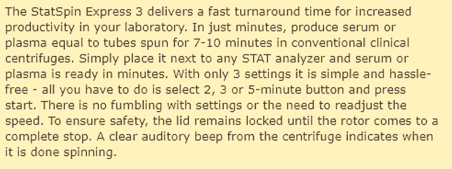 WARRANTY HEMOCUE STATSPIN EXPRESS 3 PLASMA SERUM CENTRIFUGE WATCH-VIDEO FREESHIP