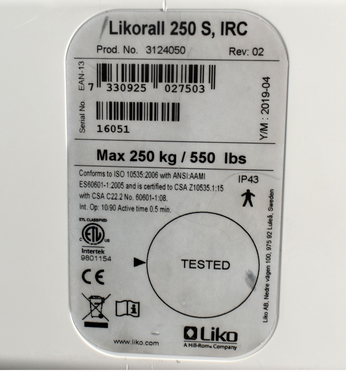 90DAYWARRANTY LIKO LIKORALL 250 S POWER LIFT 550lb NO SLING / HARDWARE FREE SHIP