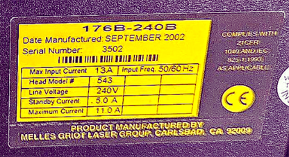 MELLES GRIOT 176B-240B ION LASER HEAD POWER SUPPLY With KEY POWER CABLE FREESHIP