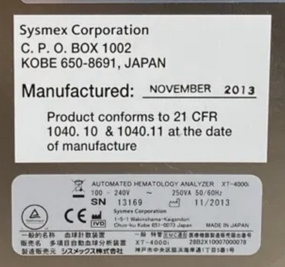 Sysmex XT-4000i Automated Hematology Analyzer XT Series 90DAYWARRANTY FREE SHIP