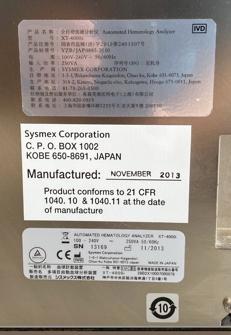 Sysmex XT-4000i Automated Hematology Analyzer XT Series 90DAYWARRANTY FREE SHIP