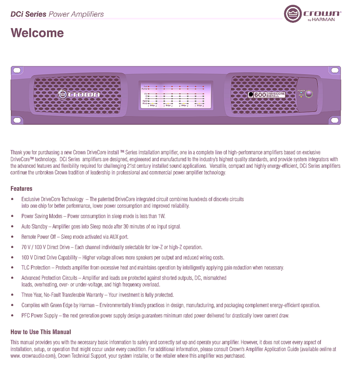 For-Parts CROWN DCi 4x600MX DRIVECORE 4x600WATT CHANNELS with OPERATIONAL MANUAL