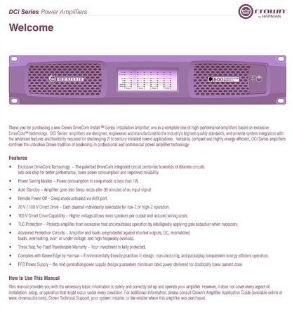 For-Parts CROWN DCi 4x600MX DRIVECORE 4x600WATT CHANNELS with OPERATIONAL MANUAL