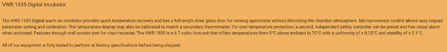 90-DAY-WARRANTY VWR SHEL LAB 1535 DIGITAL WARM AIR INCUBATOR & MANUAL FREE SHIP