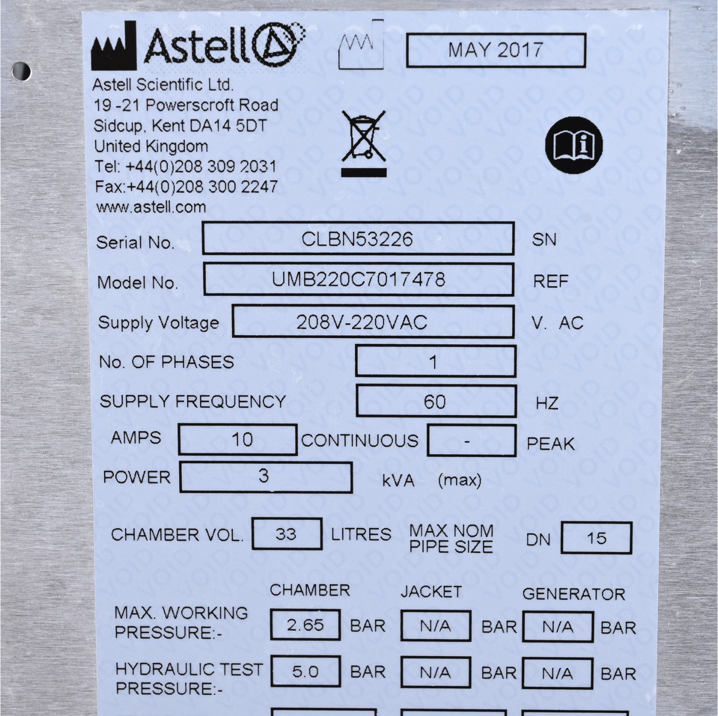 Astell UMB220C7017478 Benchtop Autoclave for Parts/Repair  FREESHIP