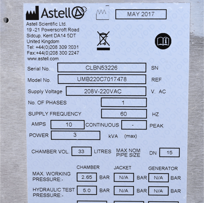 Astell UMB220C7017478 Benchtop Autoclave for Parts/Repair  FREESHIP