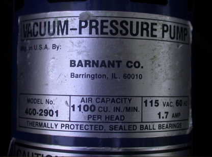 BARNANT SINGLE HEAD AIR CADET VACUUM PRESSURE PUMP MODEL 400-2901 115VAC 60HZ