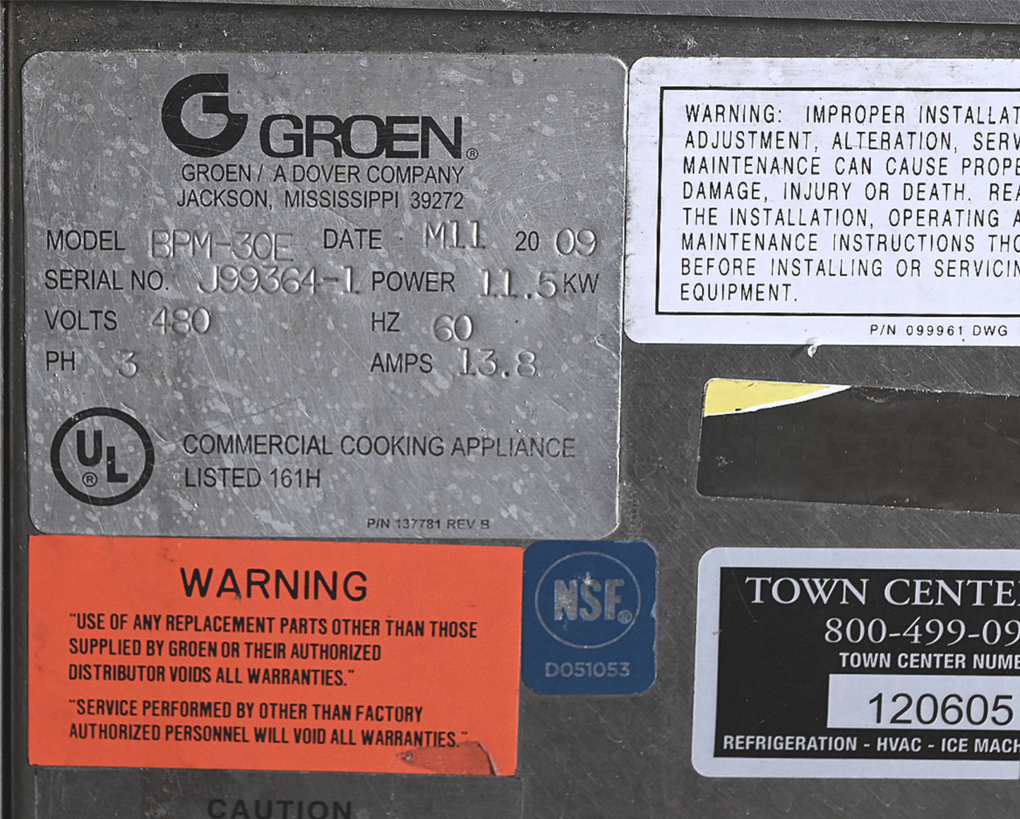 WARRANTY GROEN BPM-303 ECLIPSE 30GALLON BRAISING PAN SKILLET 3PHASE480VOLTELECTR